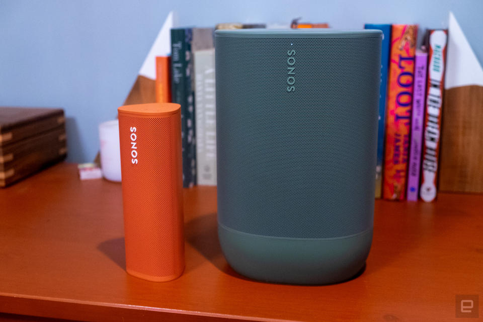 Comparison photo of the Sonos Roam next to the new Sonos Move 2 speaker.