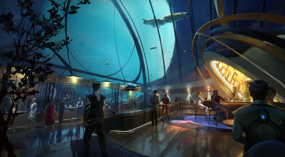 Sci-fi concept art: A bar in space with a domed roof showing a ship passing overhead. People mingling.